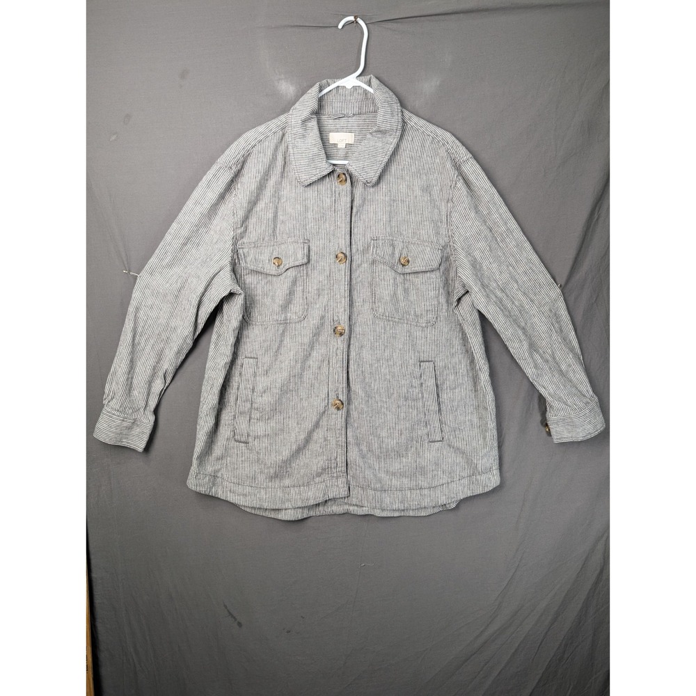 LOFT Womens XL‎ Gray White Striped Button Up Utility Shirt Jacket